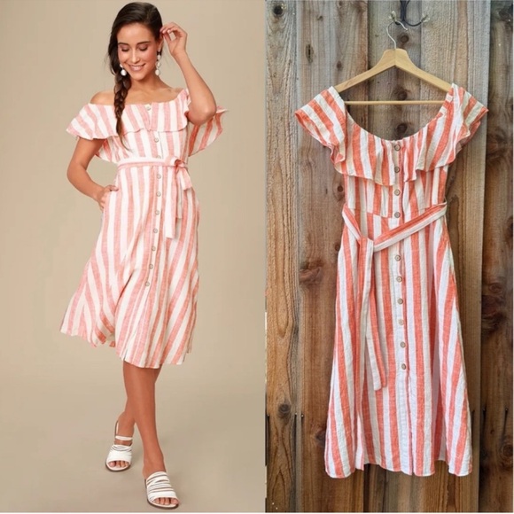 Orange and White Striped Linen Off-the-Shoulder Button Midi Dress 🌿 - Picture 1 of 12